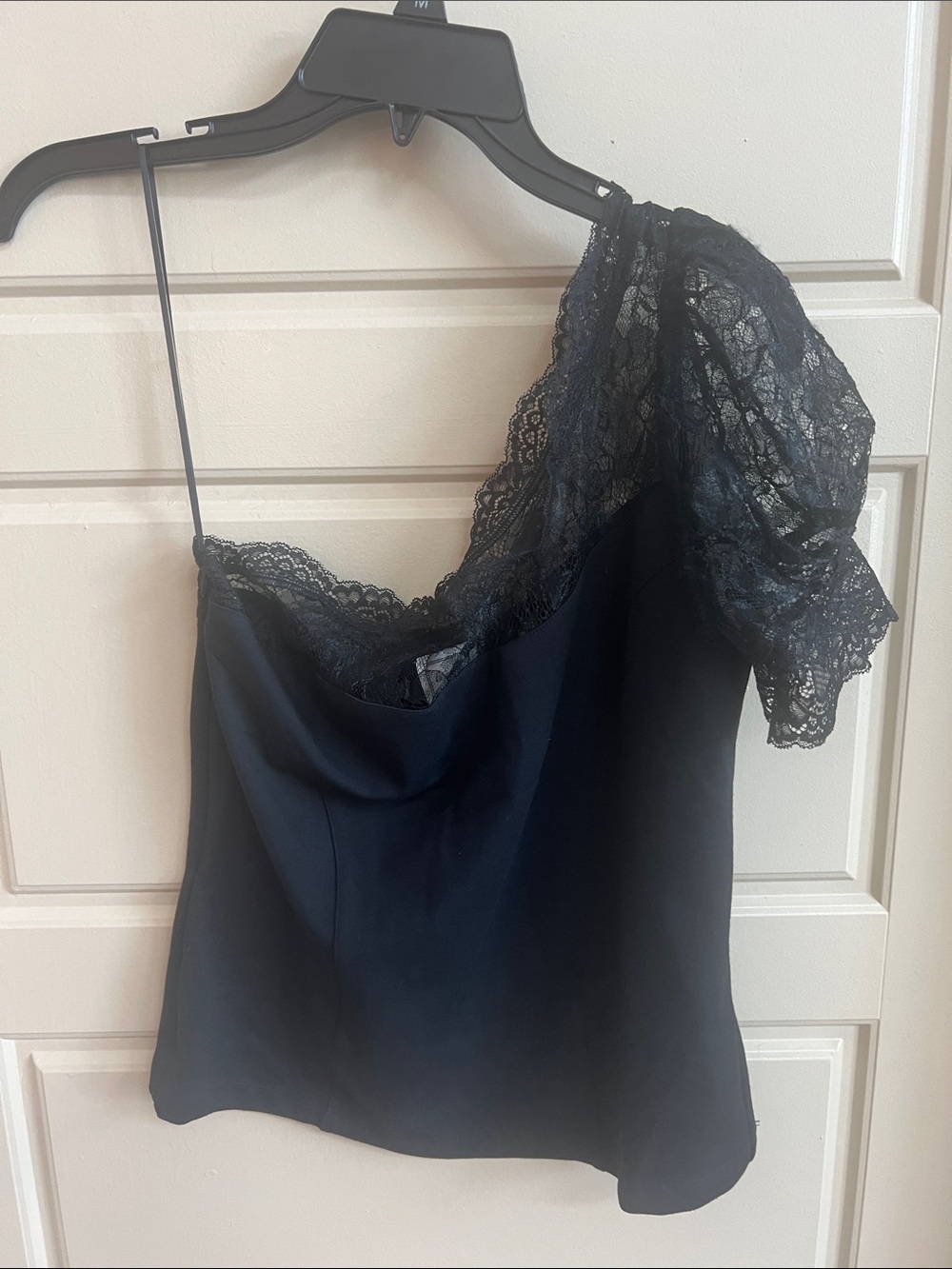 Anthropologie Maeve One-Shoulder Lace-Trimmed Top Black Sz M romantic - Picture 5 of 11